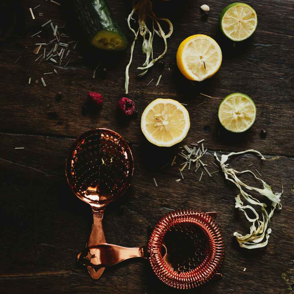 Shot of different botanicals and cocktail mixing equipment, including grapefruit, lemon, lime, strainer, cucumber - Gorilla Spirits Co.