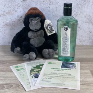 Plush gorilla alongside a bottle of Mountain Strength Gin and gorilla doption documents